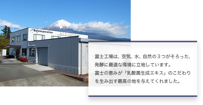 富士工場は、空気、水、自然の3つがそろった、発酵に最適な環境に立地しています。富士の恵みが『乳酸菌生成エキス』のこだわりを生み出す最高の地を与えてくれました。